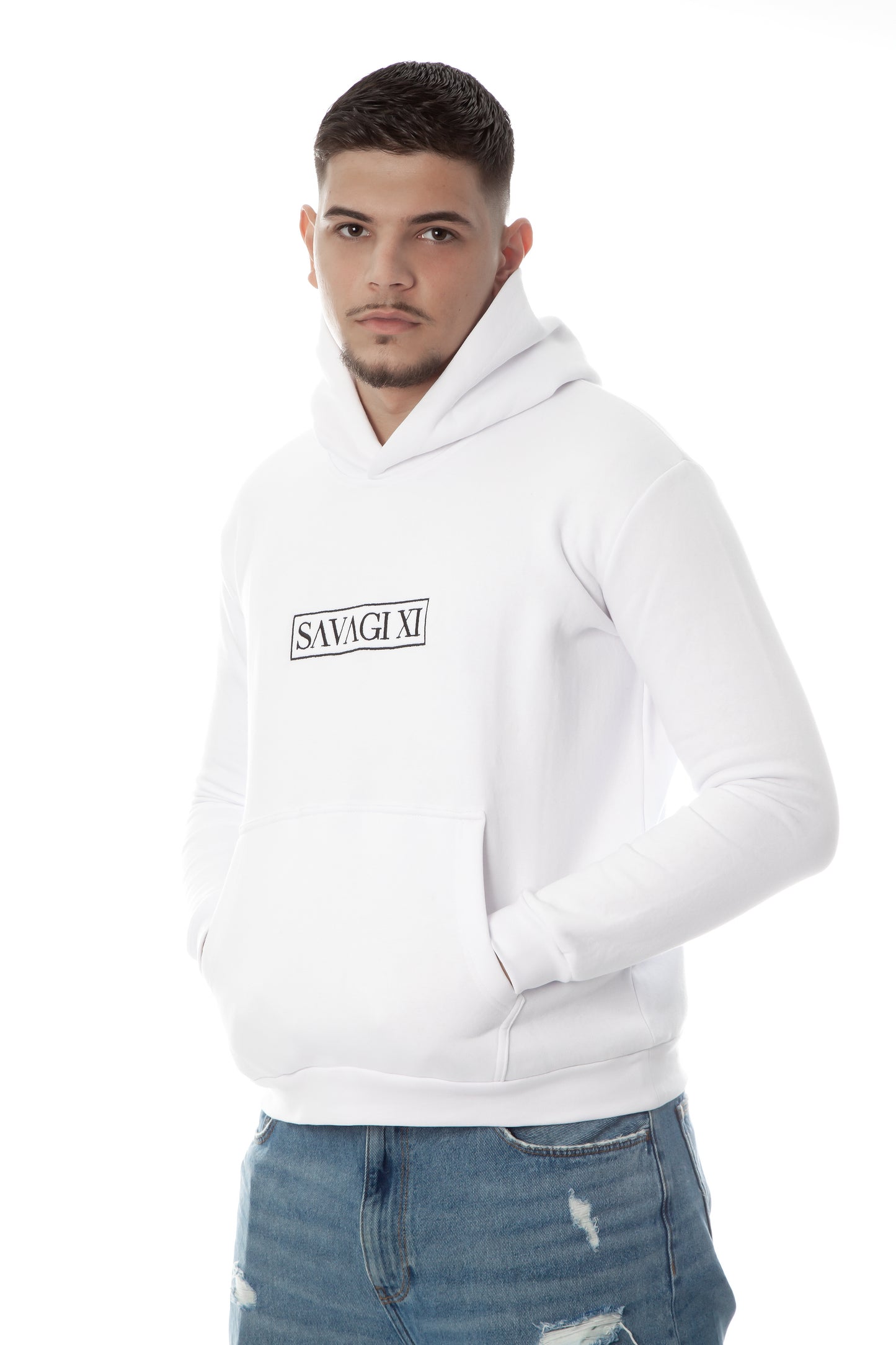 SAVAGI XI Embroidered Logo Hoodie White